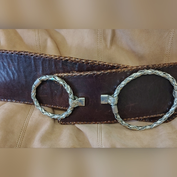 Brighton Accessories - Brighton Wide Brown Leather Belt with Silver Braided Rings